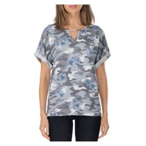 BOBEAU Womens Gray Stretch Camouflage Short Sleeve Keyhole T-Shirt XS
